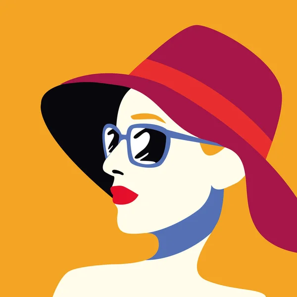 Belle femme à la mode avec des lunettes de soleil et un chapeau — Image vectorielle