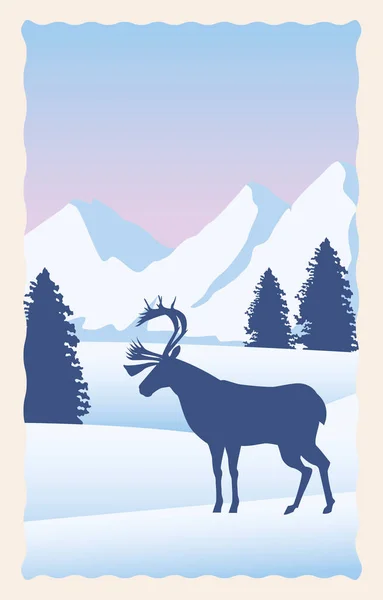 Paysage de neige scène plate avec montagnes et cerfs — Image vectorielle