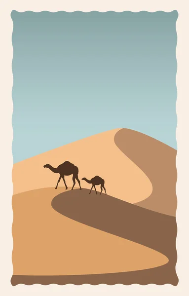 Pouštní krajina plochá scéna s pískem a velbloudy — Stockový vektor