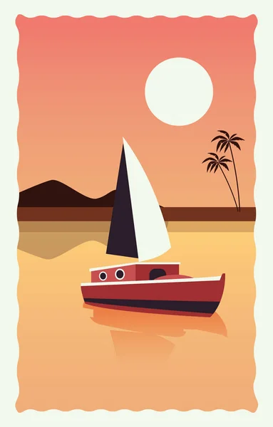 Paysage de mer scène plate avec palmiers et voilier — Image vectorielle