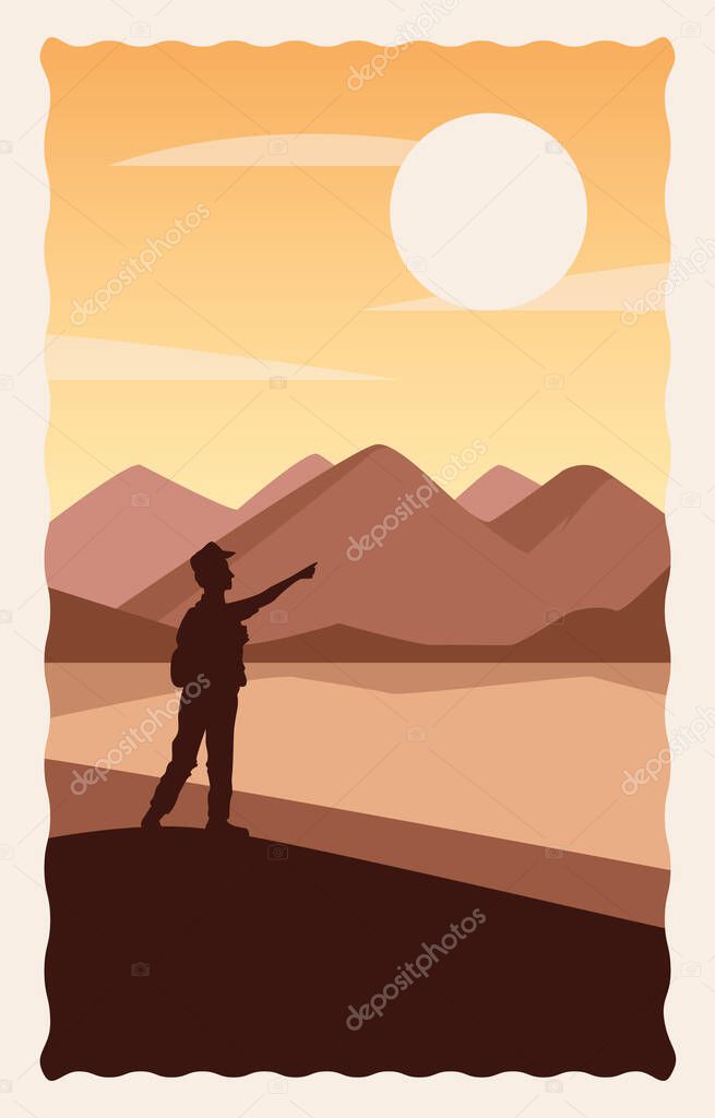 desert landscape flat scene with traveler silhouette