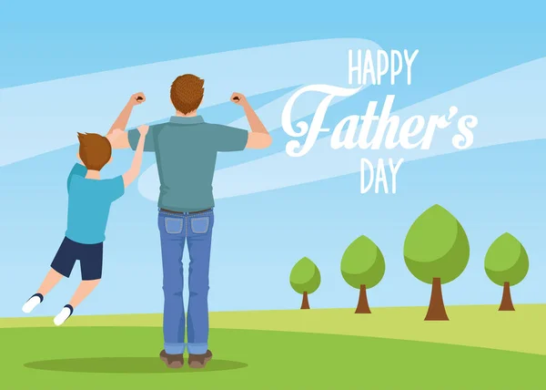 Fäder dag kort med pappa bär son tecken — Stock vektor