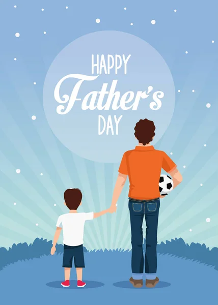Den otců karty s tátou a synem a balónem fotbal — Stockový vektor