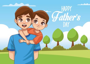 Babalar günü kartı. Oğlunu peyzajda taşıyor.