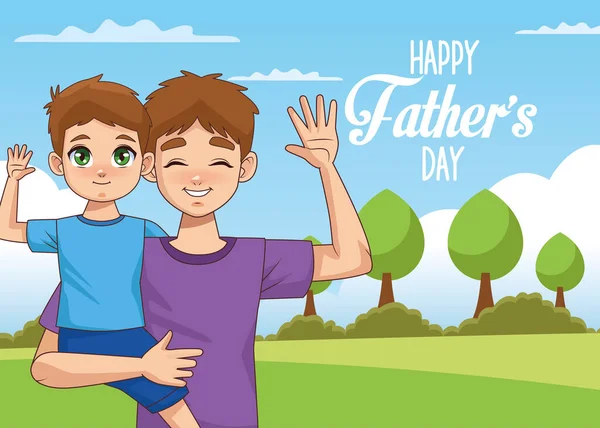 Vatertagskarte mit Papa, der Sohn in der Landschaft trägt — Stockvektor