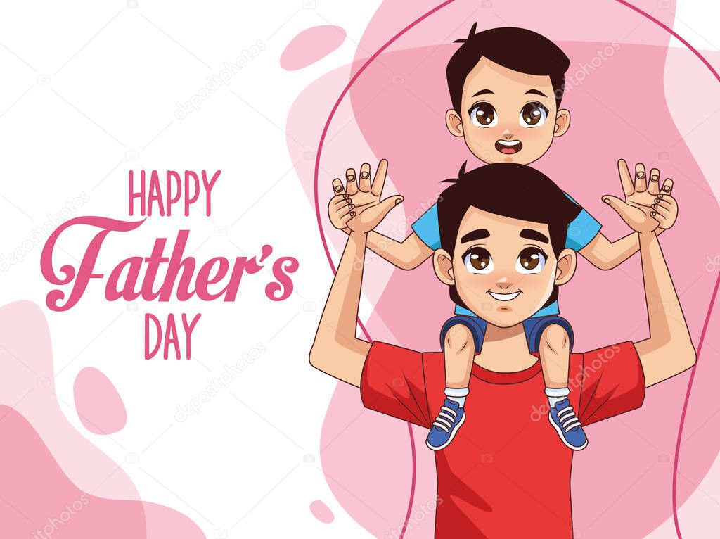 fathers day card with dad carrying son and lettering
