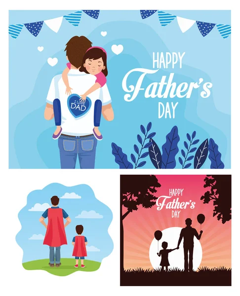 Carte de fête des pères avec des papas et des enfants personnages — Image vectorielle