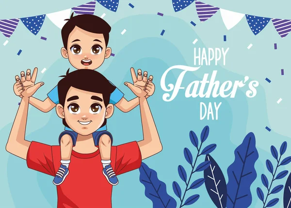 Vatertagskarte mit Papa, der Sohn und Girlanden trägt — Stockvektor