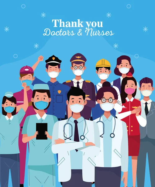 医者や看護師からのメッセージでフェイスマスクをした労働者のグループは — ストックベクタ