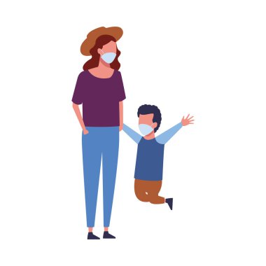 Anne ve oğul yüz maskesi kullanıyor.