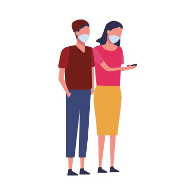 Kovid19 için yüz maskesi kullanan genç bir çift.