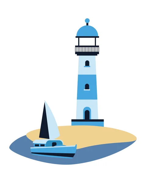 Sea scape flat scene with lighthouse and sailboat — Stock Vector