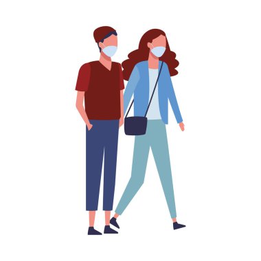 Kovid19 için yüz maskesi kullanan genç bir çift.