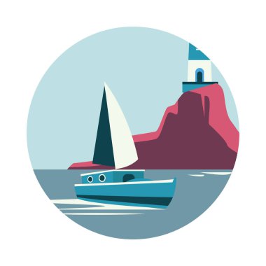 Deniz feneri ve yelkenliyle deniz manzarası