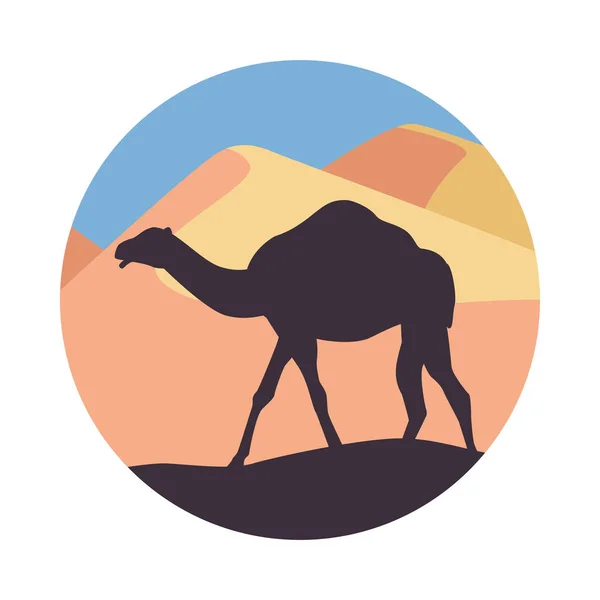 Paisaje del desierto escena plana con arena y camello — Vector de stock
