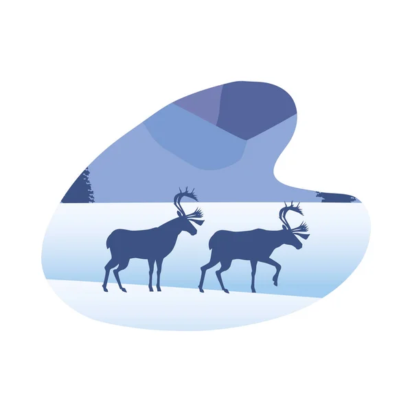 Снежный пейзаж с горами и оленями — стоковый вектор