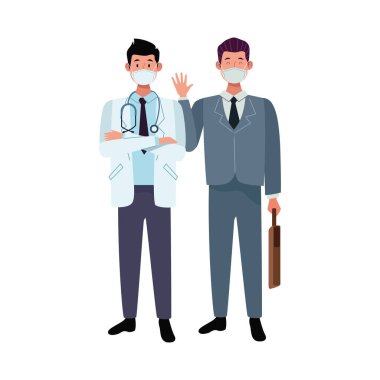 Erkek işçiler covid 19 için yüz maskesi kullanıyor.