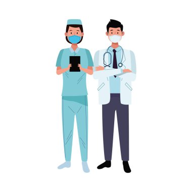 Kovid19 için yüz maskesi kullanan çift işçiler