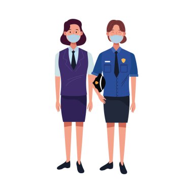 Kadın işçiler covid19 için yüz maskesi kullanıyor.