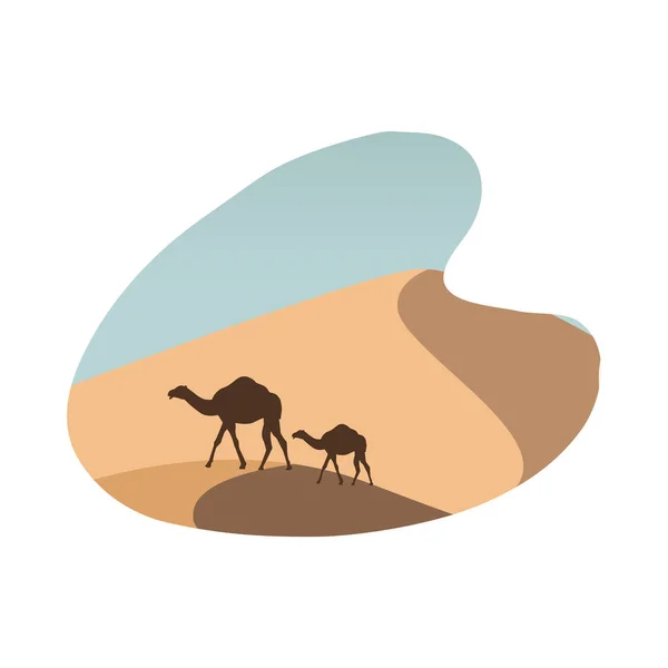 Paysage désert scène plate avec sable et chameaux — Image vectorielle
