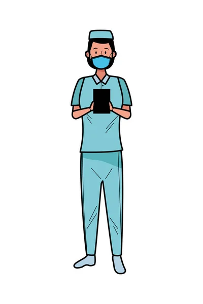 Νοσοκόμα γυναίκα εργαζόμενος χρησιμοποιώντας μάσκα προσώπου για covid19 — Διανυσματικό Αρχείο