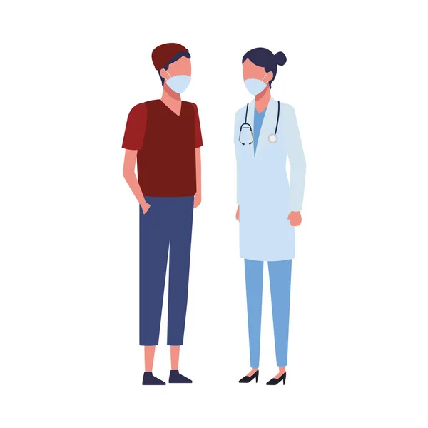 Médecin travailleur féminin et homme utilisant un masque facial pour covid19 — Image vectorielle