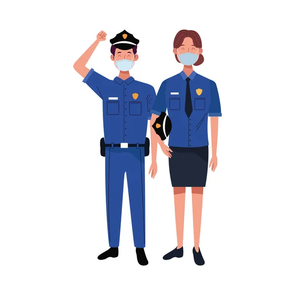 Pareja de trabajadores utilizando mascarillas para covid19 — Vector de stock