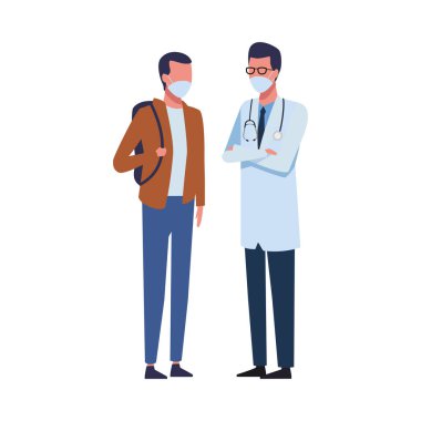 Doktor ve adam yüz maskesi kullanıyor.