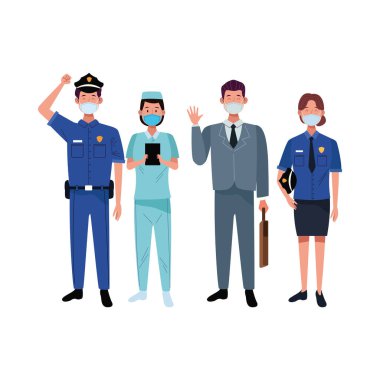 grup çalışanları covid19 için yüz maskesi kullanıyorlar.