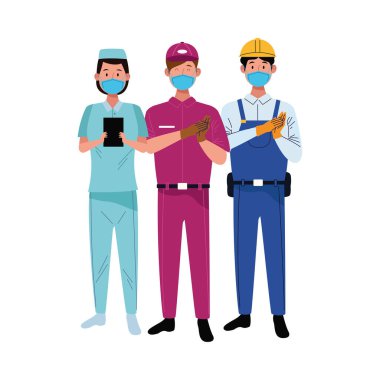 grup çalışanları covid19 için yüz maskesi kullanıyorlar.