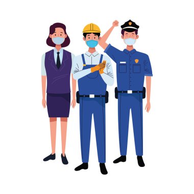 grup çalışanları covid19 için yüz maskesi kullanıyorlar.