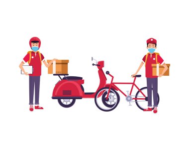 Motosiklet ve bisiklet maskeli teslimatçılar.