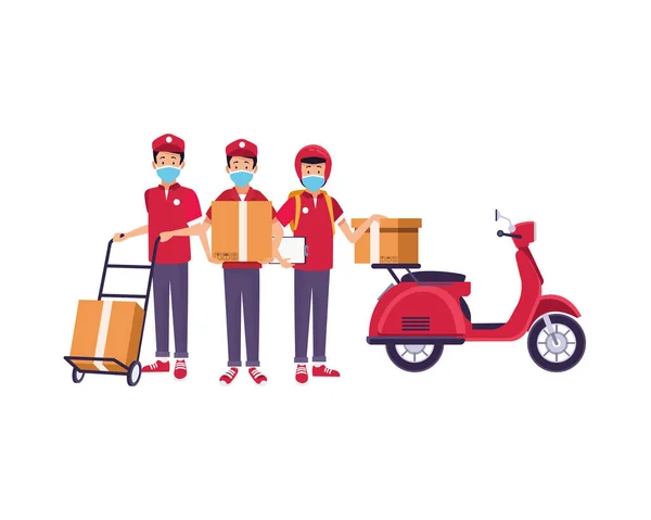 Trabalhadores de entrega com máscaras faciais em motocicleta e carrinho — Vetor de Stock