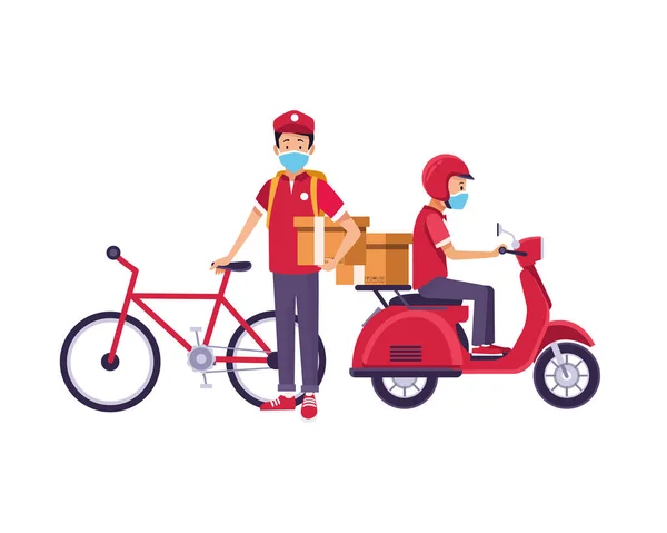 Trabalhadores de entrega com máscaras faciais em motocicleta e bicicleta — Vetor de Stock