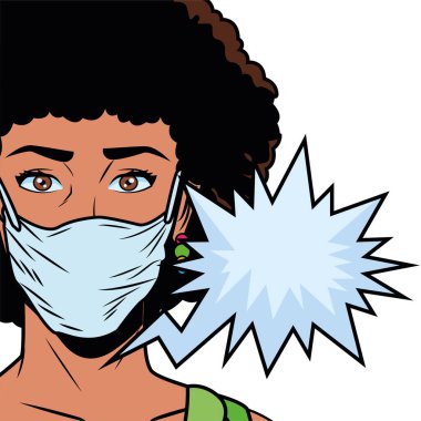 Afro kadın konuşma baloncuklu Covid19 için yüz maskesi kullanıyor.