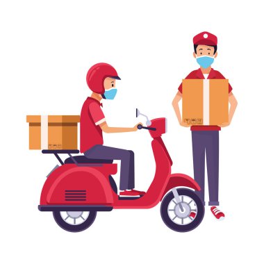 Motosikletli yüz maskeli teslimatçılar