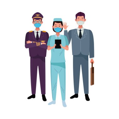 grup çalışanları covid19 için yüz maskesi kullanıyorlar.