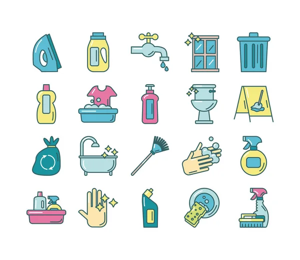 Limpeza e desinfetar ícones conjunto — Vetor de Stock