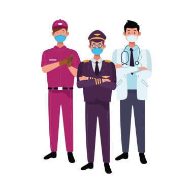 Erkek işçiler covid 19 için yüz maskesi kullanıyor.