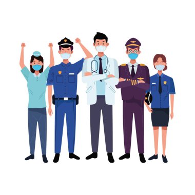 grup çalışanları covid19 için yüz maskesi kullanıyorlar.