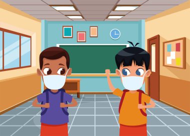 Irklar arası çocuklar okuldaki kovid19 için yüz maskesi kullanıyor.