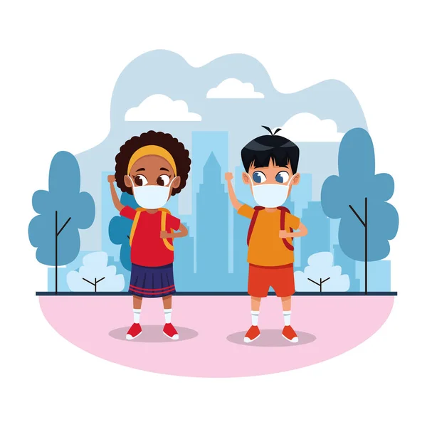 Interrazziale bambini coppia utilizzando facciale maschere per merluzzo19 nel parco — Vettoriale Stock