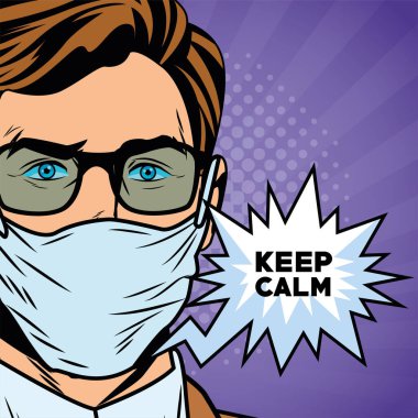 İş adamı Covid19 için yüz maskesi kullanıyor. Sakin olun diyor.