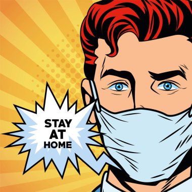 İş adamı Covid19 için yüz maskesi kullanıyor. Evde kalın diyor.