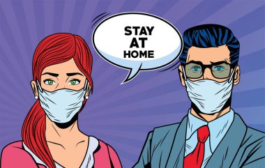 Kovid19 maskesi takan çift evde kalmanızı söylüyor.