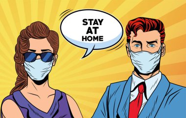 Kovid19 maskesi takan çift evde kalmanızı söylüyor.