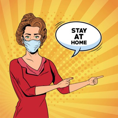 Kadın, Covid19 için yüz maskesi kullanıyor. Evde kalın diyor.