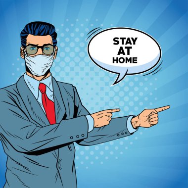 İş adamı Covid19 için yüz maskesi kullanıyor. Evde kalın diyor.