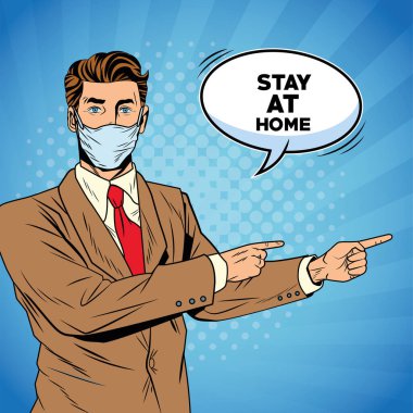 İş adamı Covid19 için yüz maskesi kullanıyor. Evde kalın diyor.