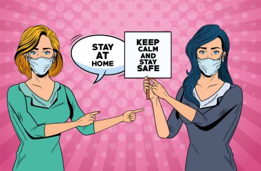 Kadınlar, konuşma baloncuğu ve pankartıyla Covid19 için yüz maskeleri kullanıyor.